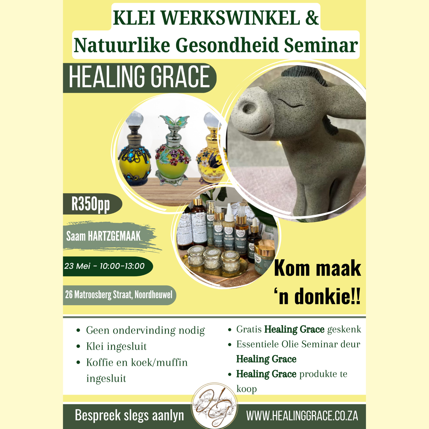 Kom maak 'n DONKIE saam ons!  Damesoggend 23 Mei - Klei en Natuurlike Gesondheid Seminar